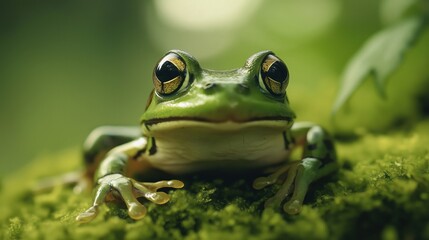 Obraz premium Image of a vibrant green frog resting on a mossy surface, surrounded by lush greenery.