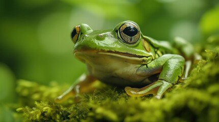 Obraz premium Image of a vibrant green frog resting on a mossy surface, surrounded by lush greenery.