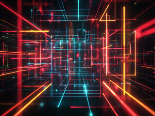 Neon Lights and Abstract Grids: A Futuristic Black Background Display