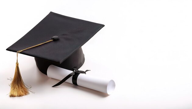 graduation cap with a tassel, diploma, glasses, isolated on white background with copy space. symbolizing online education and graduation achievements book and computer learning concept