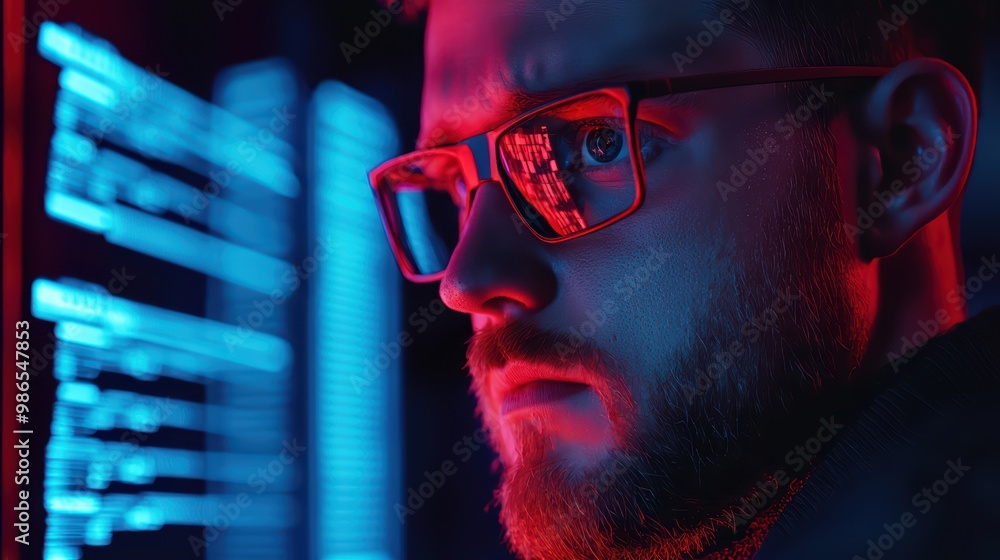 Poster focused male programmer working on computer code, illuminated by colorful lights, dark background.