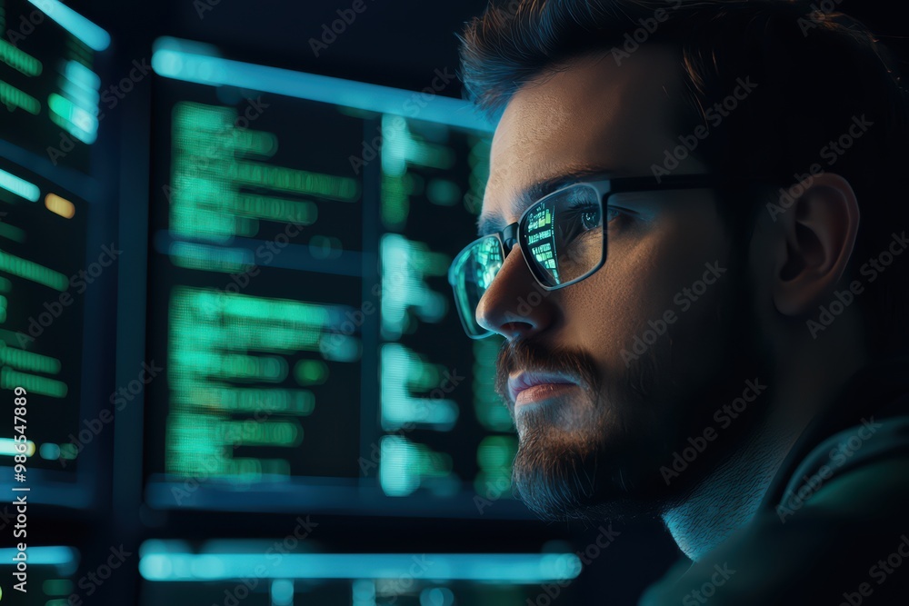 Poster focused young man analyzing data on multiple computer screens in a dimly lit room.