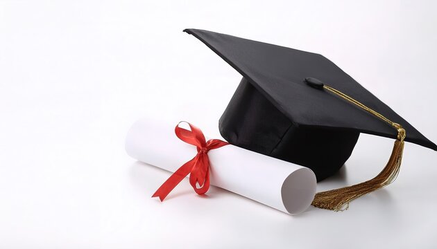 graduation cap with a tassel, diploma, glasses, isolated on white background with copy space. symbolizing online education and graduation achievements book and computer learning concept