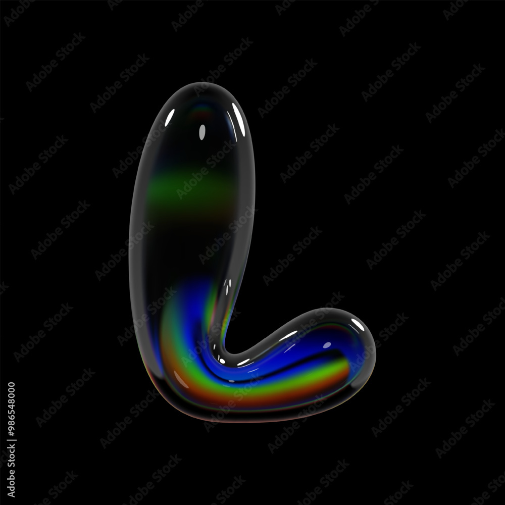 Poster 3d holographic glass letter l with glossy, shiny surface in inflated balloon bubble style. isolated 
