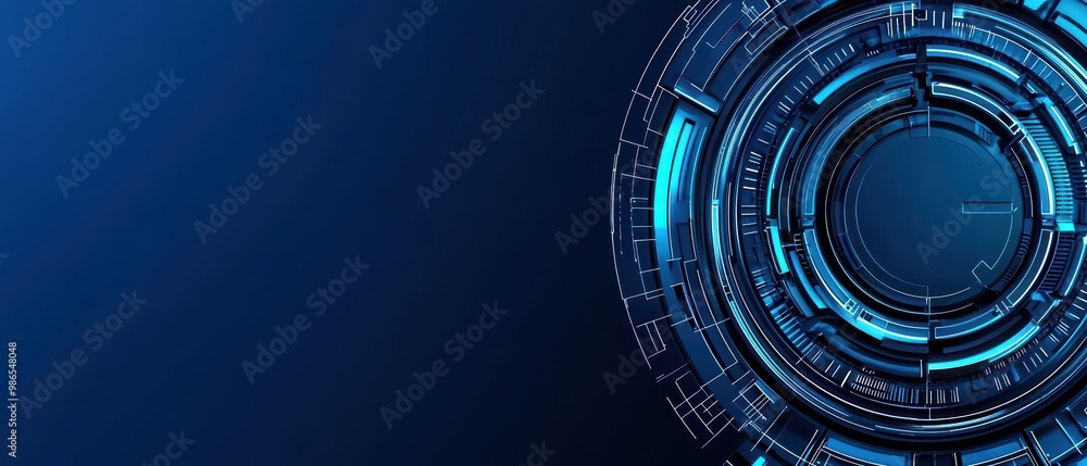 Poster futuristic abstract technology background in blue tones with circular patterns and a sleek design.
