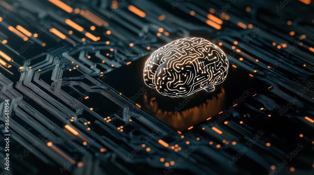 Poster futuristic brain design on a circuit board, illustrating the concept of artificial intelligence and 