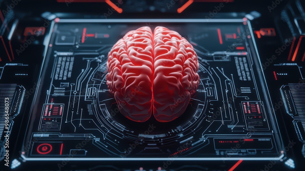 Poster futuristic brain model on a digital interface, showcasing advanced technology and cognitive concepts
