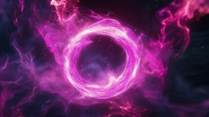 Fototapeta premium A vibrant purple energy ring surrounded by swirling mist, creating a dynamic and mystical visual effect in a dark background..