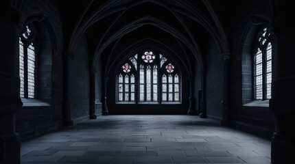Fototapeta premium A dark, gloomy interior with vaulted ceilings, stone walls, and gothic architectural elements