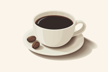 Obraz premium Coffee Break: A steaming cup of coffee, inviting and aromatic, rests on a saucer with two coffee beans, a simple yet powerful image representing a moment of relaxation and refreshment. 