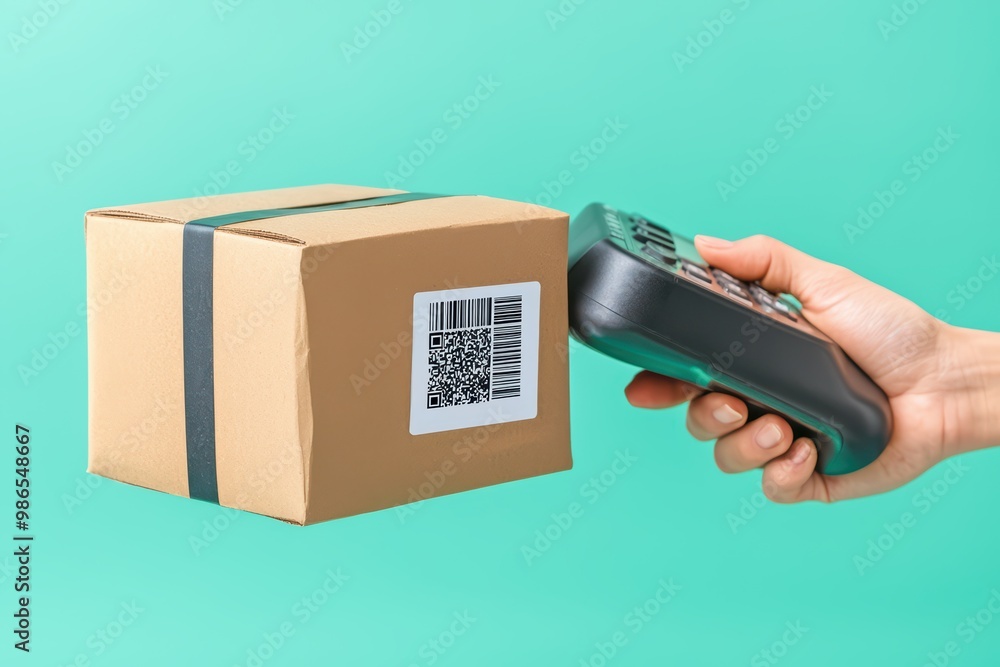 Poster hand scanning a qr code on a cardboard package with a digital device on a teal background.