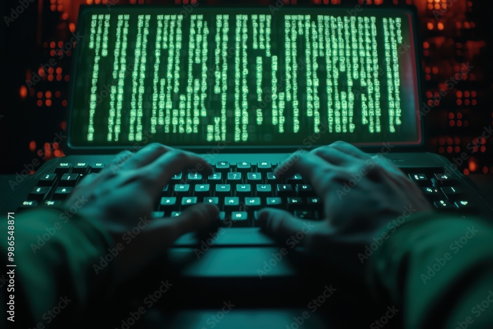 Poster hands typing on a keyboard with green code displayed on the screen, creating a tech-inspired atmosph