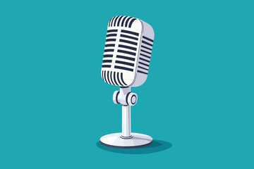 Vintage Microphone on Teal Background: A classic, silver-toned microphone with a retro design stands proudly against a soothing teal backdrop, ready to capture voices and stories.  