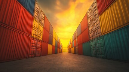 Fototapeta premium A vibrant view of stacked shipping containers in a port, captured at sunset with warm light reflecting off the metal surfaces.