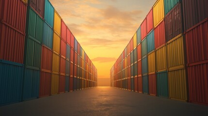 Fototapeta premium A vibrant view of stacked shipping containers in a port, captured at sunset with warm light reflecting off the metal surfaces.