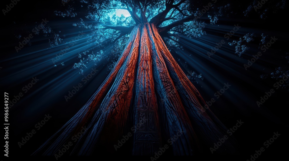 Poster majestic tree with vibrant bark illuminated by soft blue light, creating a serene and enchanting atm
