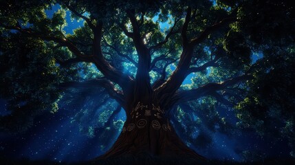 Majestic tree with intricate branches and glowing leaves under a starry night sky.