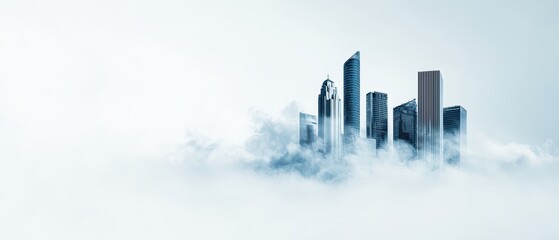 Fototapeta premium Majestic skyline emerging from fog, representing modern urban architecture amidst the clouds.