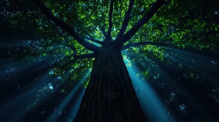 Majestic tree reaching upward, sunlight filtering through lush green leaves in a serene forest.