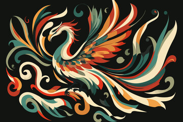 Fototapeta premium Phoenix Rising: A symphony of vibrant colors brings to life a majestic phoenix in mid-flight, its abstract form embodying rebirth, resilience, and the eternal flame of hope.