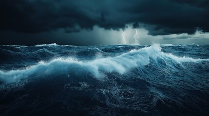 Powerful stormy ocean waves under a dark sky, with lightning bolts illuminating the horizon.