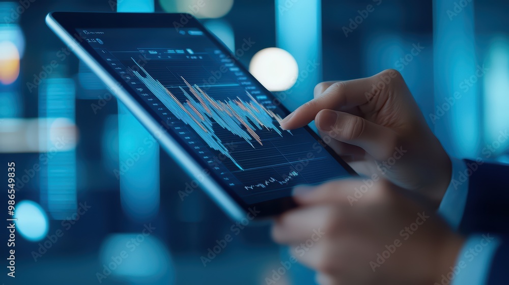 Aufkleber person using tablet to analyze market trends with data visualizations in modern workspace.