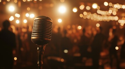 A classic vintage microphone on stage with a blurred audience and warm glowing lights in the background.
