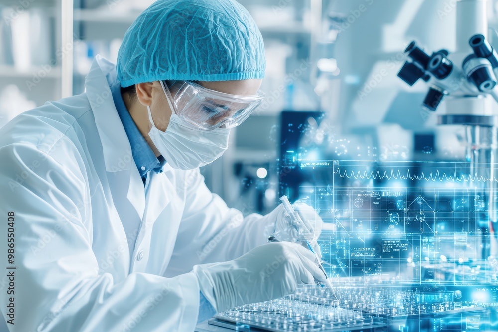 Poster scientist in lab coat conducting experiments with advanced technology and glassware.