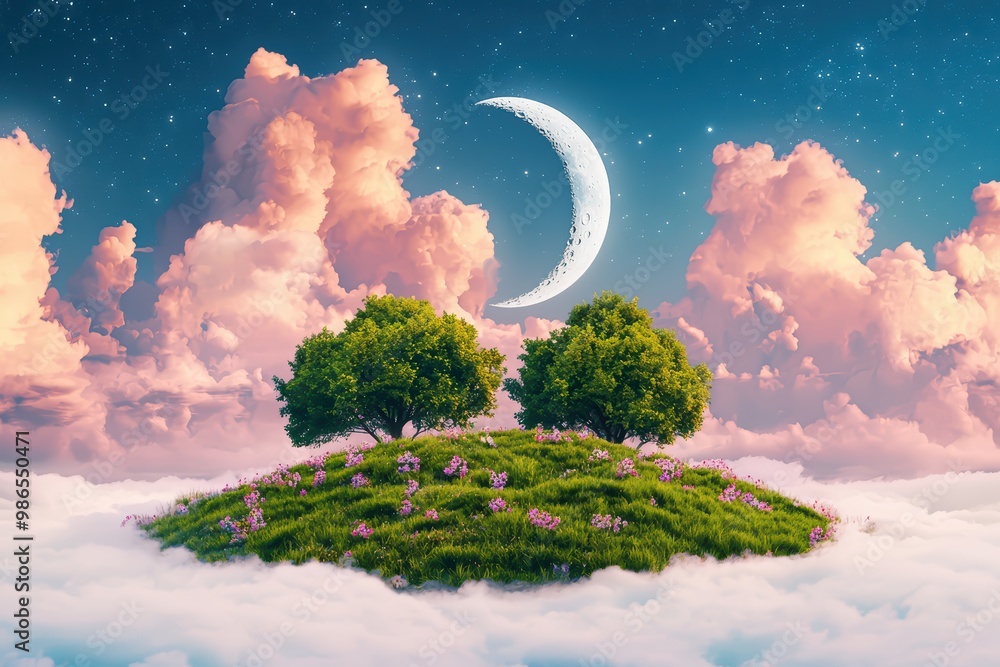 Poster serene landscape with two trees and a crescent moon amid fluffy clouds and colorful flowers.