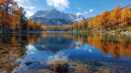 Obraz premium Serene autumn landscape reflects golden trees in a tranquil lake under a clear blue sky. Generative AI