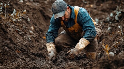 A farmer digging in rich soil during the harvest season in a rural field under overcast skies