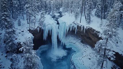 Majestic Ice: Frozen Waterfall Nestled in Snowy Wilderness