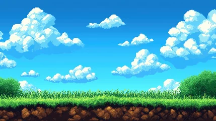 Fototapeten A vibrant pixel art landscape featuring lush green grass, trees, and a bright blue sky filled with fluffy clouds, evoking a classic video game scene. © kept