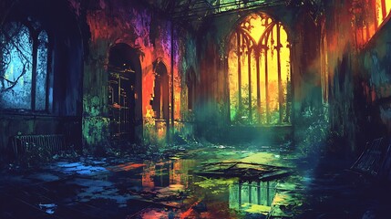 Naklejka premium A Colorful, Water-Filled Interior of a Ruined Cathedral