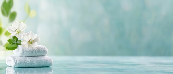 Stacked towels with flowers on a serene blue background for relaxation and spa vibes.