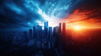 Fototapeta premium Stunning city skyline at sunset with dramatic clouds glowing in orange and blue hues.