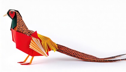 Paper origami concept of a common ring neck or necked pheasant - Phasianus colchicus - native to Asia and parts of Europe like the northern foothills of the Caucasus and the Balkans isolated on white