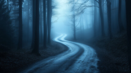 Obraz premium Enigmatic Drive: Moody Atmospheric Shot of a Winding Road Through Fog