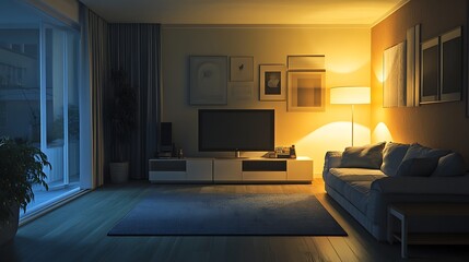 A Modern Living Room with a Couch, TV, and a Lamp