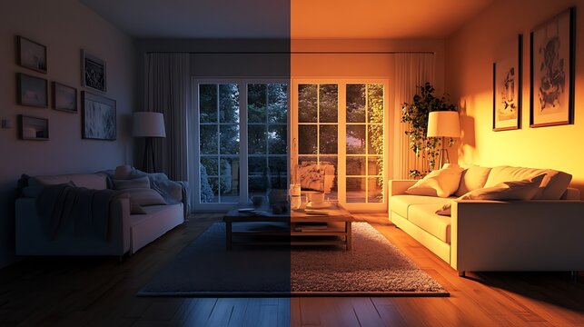A Split-Screen View of a Living Room, Day and Night
