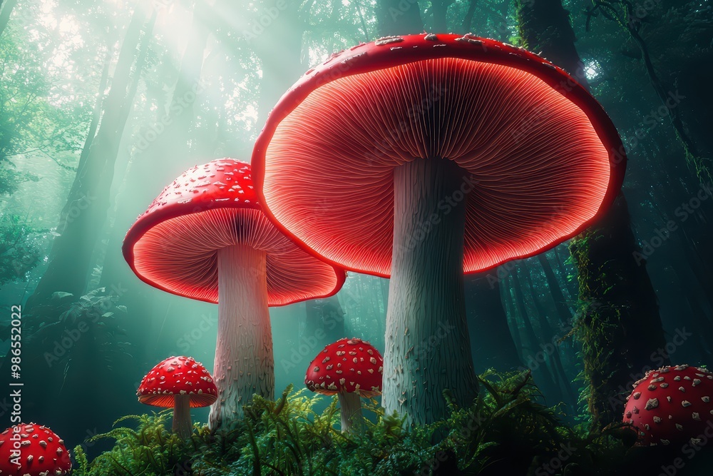 Poster vibrant red mushrooms in a mystical forest with soft light filtering through the trees.