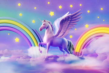 A rainbow backdrop featuring a unicorn with wings and stars. soft-colored sky.