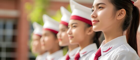 Fototapeta premium Young female students in uniform, standing in line with bright smiles outdoors, showcasing teamwork and confidence.