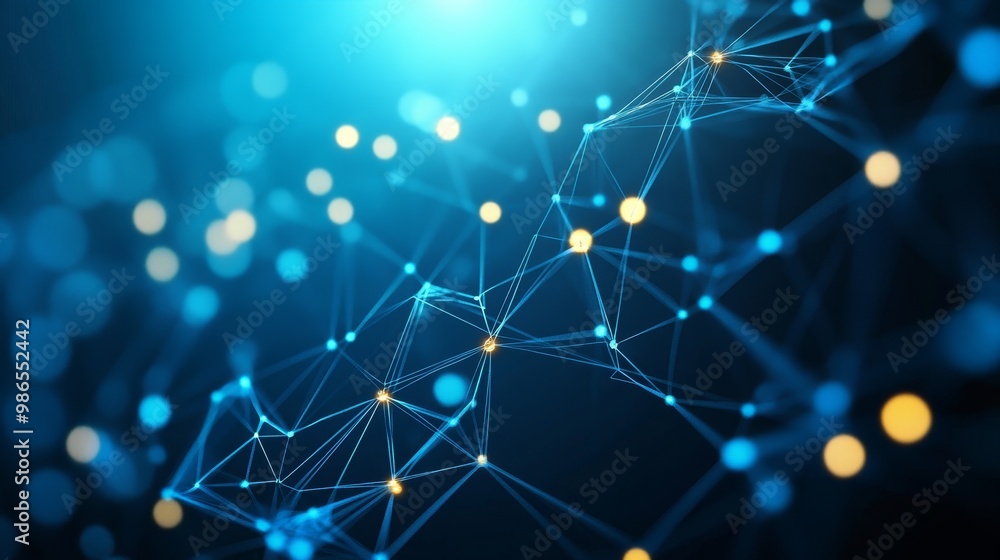 Poster abstract digital network connection with glowing nodes and geometric lines on a blue background, rep