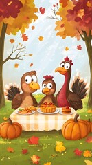 Turkey on Table with Halloween Pumpkins, Cartoon, Drawing, Abstract Image, Texture, Pattern Background, Wallpaper, Cover and Screen for Smartphone, PC, Laptop, 9:16 and 16:9 Format
