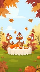Turkey on Table with Halloween Pumpkins, Cartoon, Drawing, Abstract Image, Texture, Pattern Background, Wallpaper, Cover and Screen for Smartphone, PC, Laptop, 9:16 and 16:9 Format