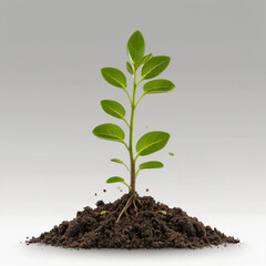 Simple poster of young plant sprout growing from soil isolated on white grey neutral background. 
