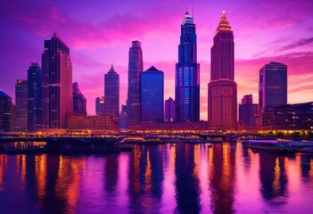 Obraz premium stunning vibrant city skylines displaying architectural variety dusk background illuminated buildings colorful lights, architecture, downtown, evening