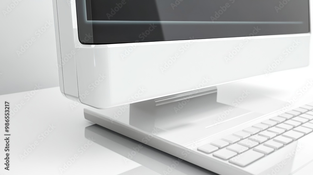 Aufkleber close-up of a modern white computer with a sleek design, showcasing its keyboard and monitor on a mi