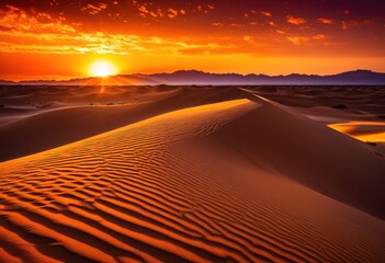 Naklejka premium vibrant sunset casting shadows over expansive sandy landscapes rich colors textures, sky, cloud, orange, yellow, red, pink, blue, light, evening, scenery